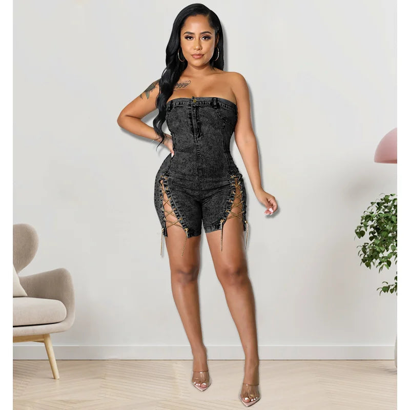 Denim Bandage Women Playsuit Off Shoulder Skinny Jeans Rompers 2023 Summer Sexy Back Zipper Fly Night Club Party Short Jumpsuits