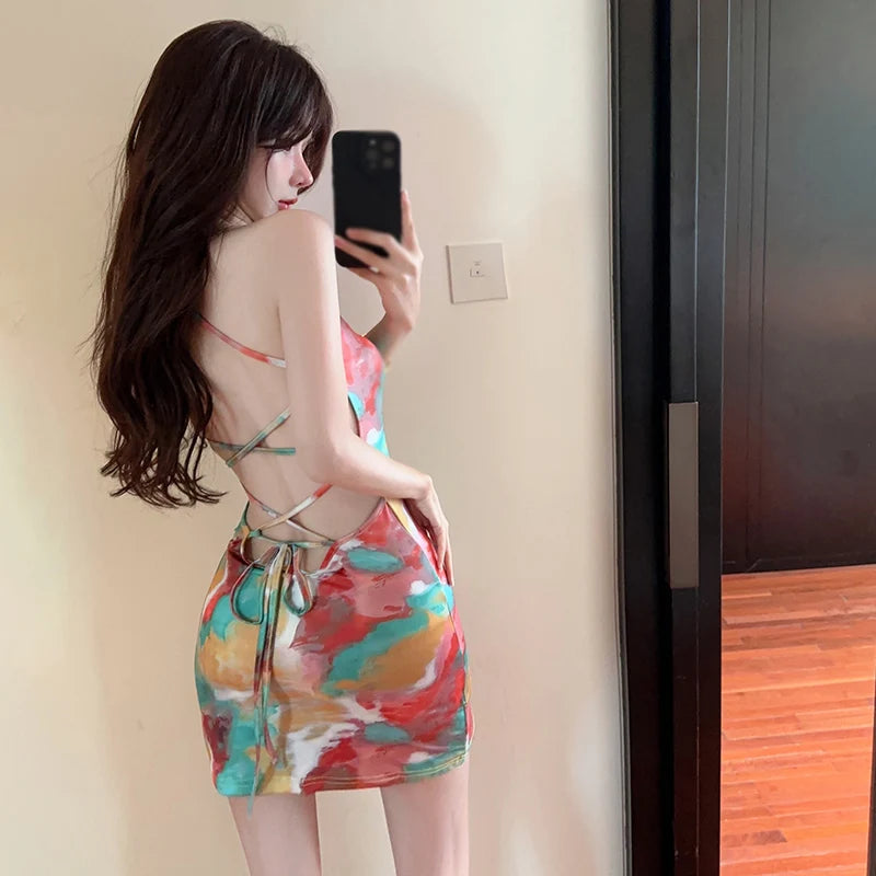 Women's dress Suspender dress Tie dyeing Bare back Buttocks wrapped Printing Hollow Out Dress