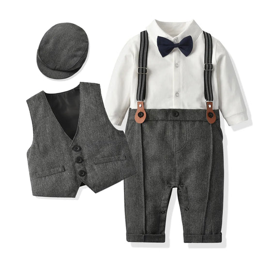 Newborn Boy Formal Clothes Set Infant Boy Gentleman Birthday Romper Outfit With Hat Vest Long Sleeve Infant Jumpsuit Suit Formal