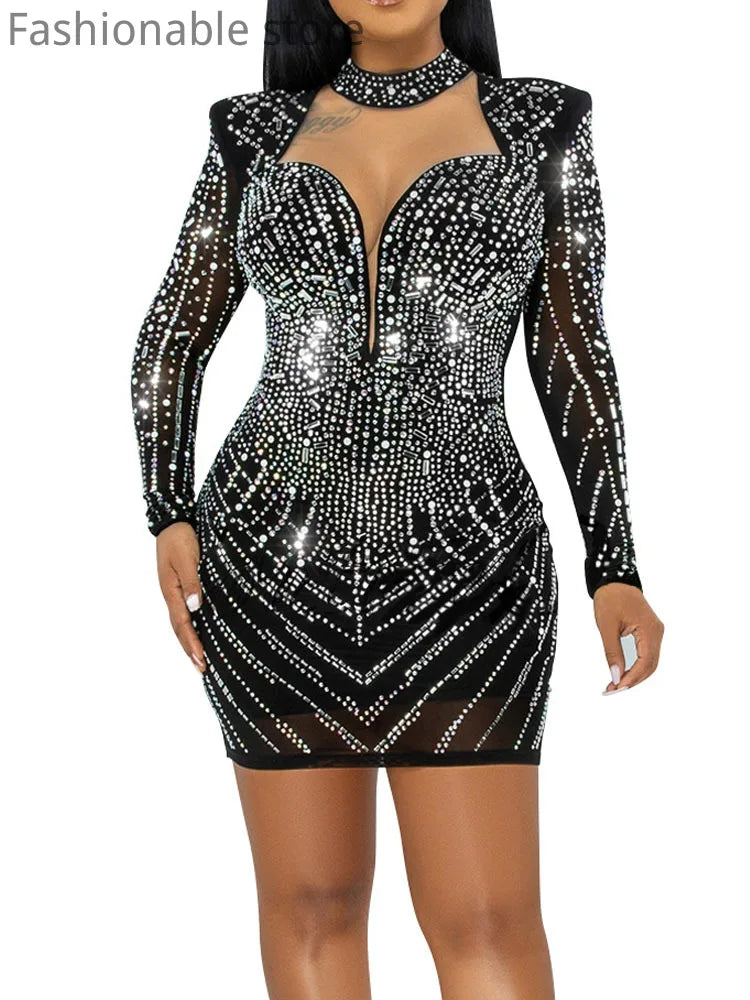 Women Sexy Mock Neck Hollow Rhinestone Long Sleeve Bodycon Dress