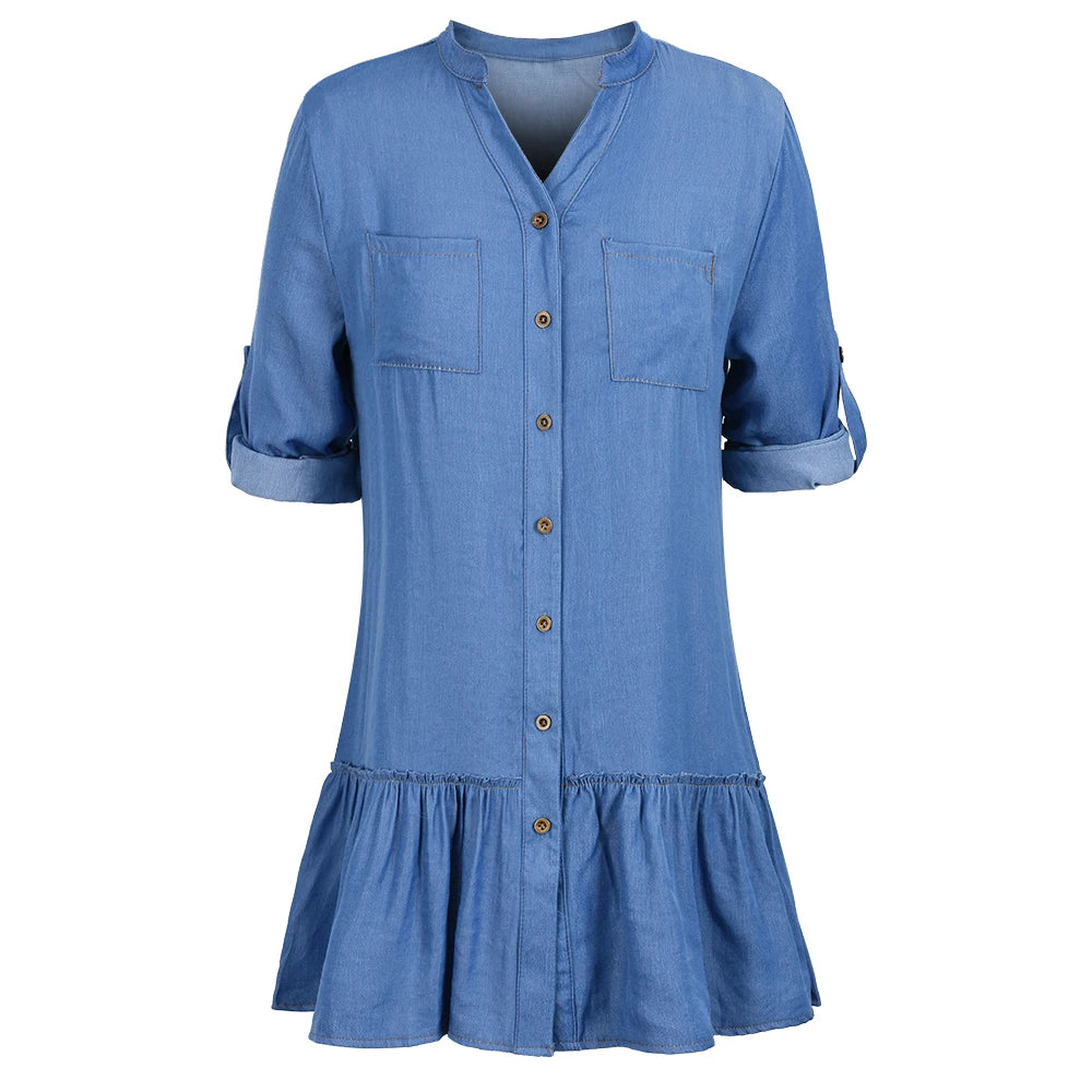 Button Down Casual Tunic Top Women's Above Knee blouse dress Women Denim Shirt Dresses Half Sleeve Distressed Jean Dress