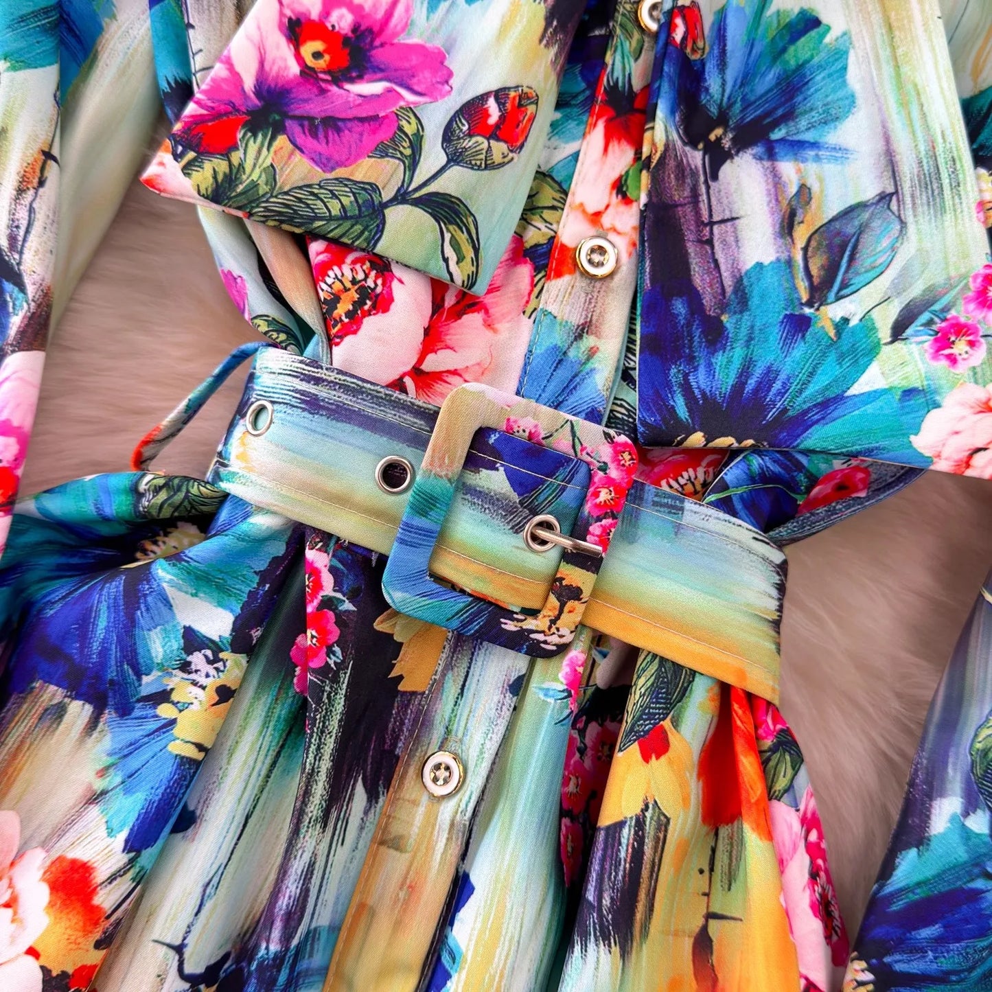 Summer Holiday Colorful Mini Dress Runway Bow Neck Lantern Sleeve Floral Print Single Breasted Casual Belt Beach Vestidos 6697