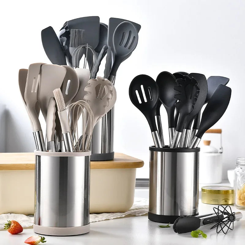 12Pcs Silicone Kitchen Utensils Nonstick Kitchenware Stainless Steel Spatula Spoon Kit Kitchen Tools For Pots And Pan