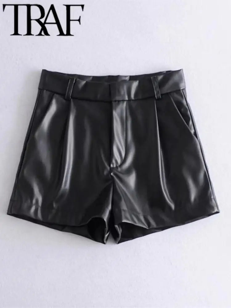 TRAF 2024 Women Fashion Faux Leather Shorts High Waist Side Pockets Vintage Zipper Fly Female Wide Leg Shorts Streetwear Ropa