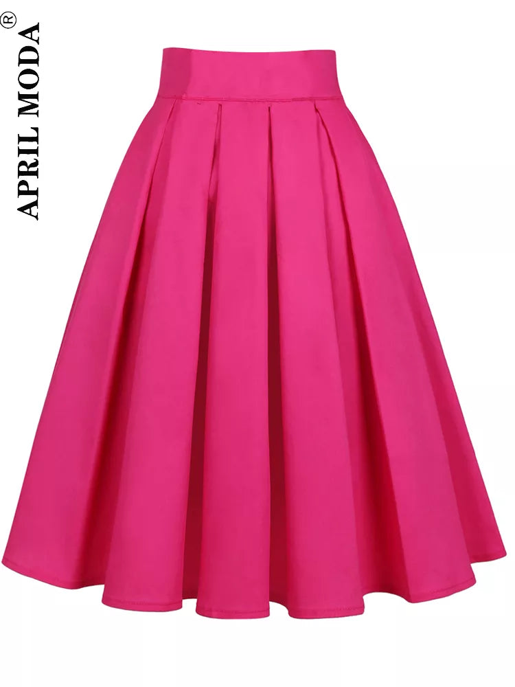 Fashion Women Casual Solid Pink Vintage Skirts Kawaii High Waist Pleated Skirt Girl School Retro Rockabilly Ladies Midi Skirts