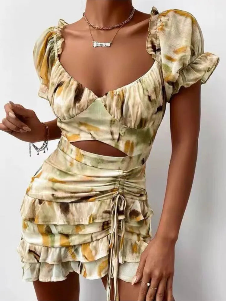 Women's 2024 Spring Summer New Fashion Print Drawstring Ruffle Edge Sexy Off Waist Short Sleeve Casual Office Dress