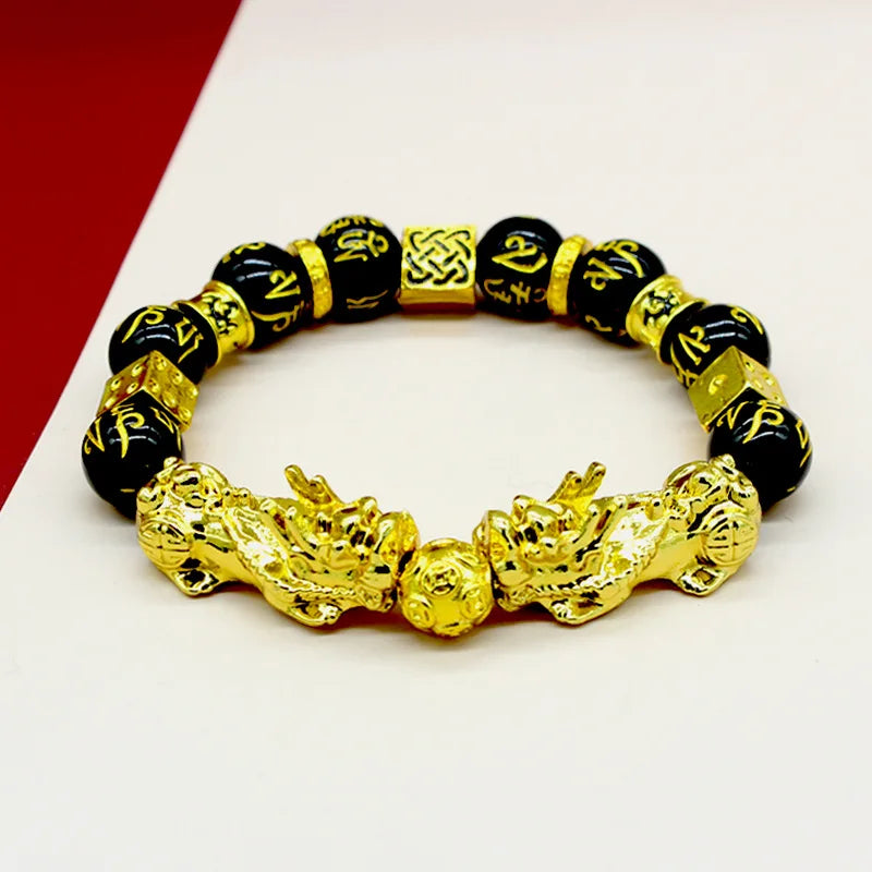 2PCS Feng Shui Black Obsidian Wealth Bracelets for Women Men Obsidian Stone Beads Pixiu Character Bracelet Lucky Jewelry