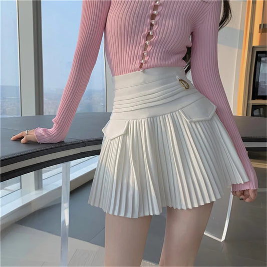 Korean Style Women Short Pleated Bust Skirt Summer Casual Solid Color High Waist Mini Skirt Streetwear Simple A-Line Skirt 2022