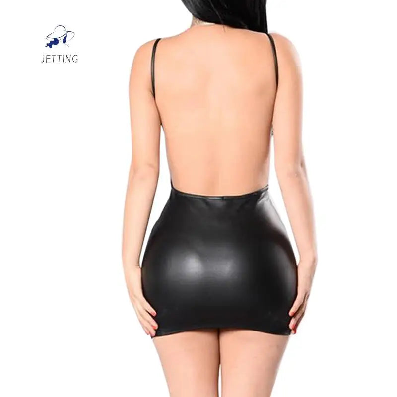 Sexy Glossy Faux Leather Dress Backless Club Party Short Shaping Dress Solid Black Wet Look Bodycon Push Up Bra Latex Mini Dress