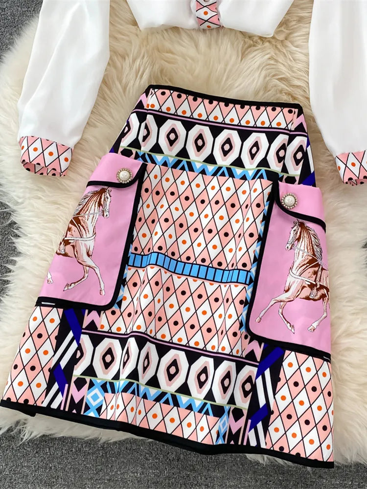 New 2022 Fashion Runway Summer Skirt Suit Women's Horse Geometry Print Blouse And A Line Pocket Buttons Skirt 2 Two Piece Set