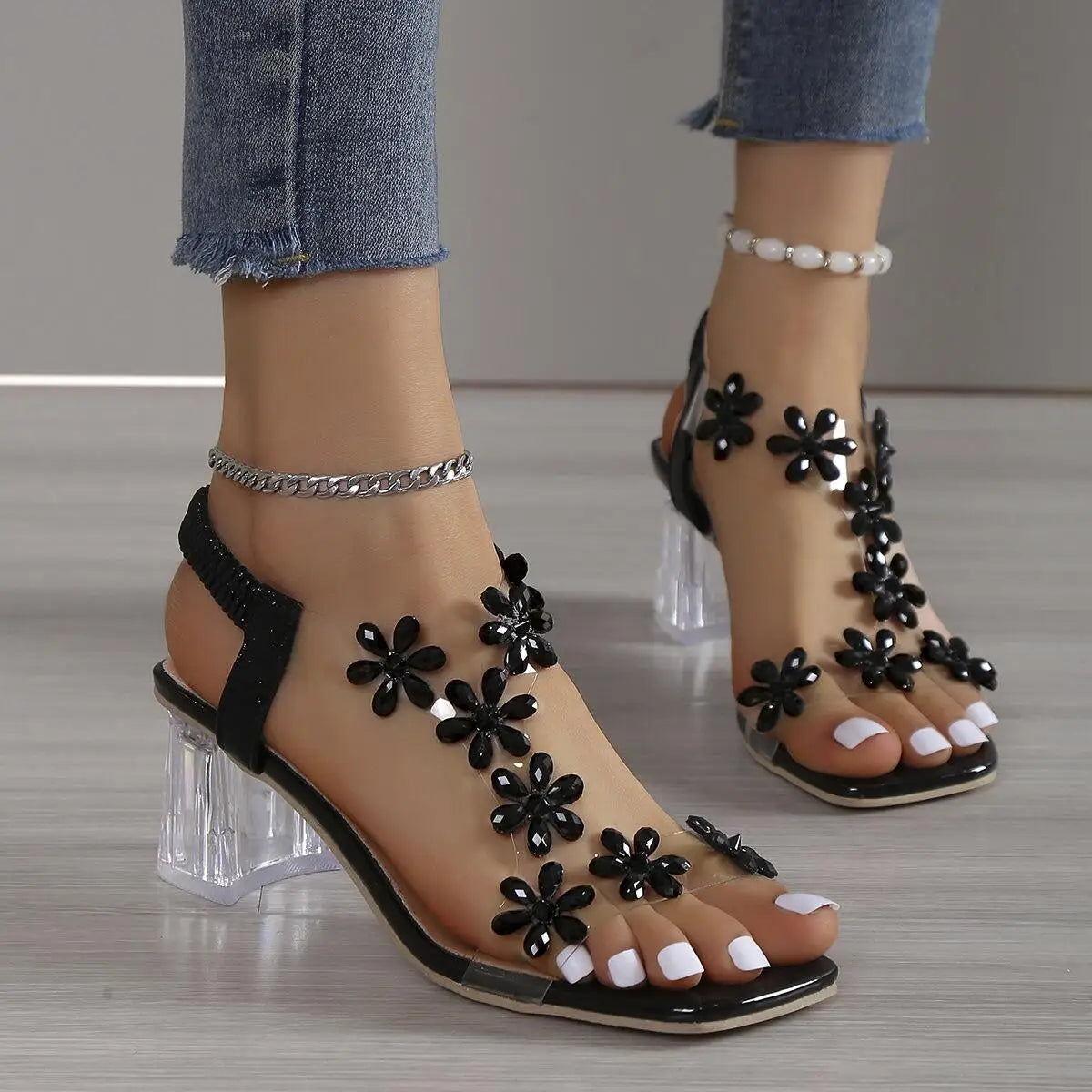 Rhinestone Transparent Heel Sandals For Women Summer High Heels  6cm Square Heel Open Toe Sandals Woman Wedding Dress Shoes 42