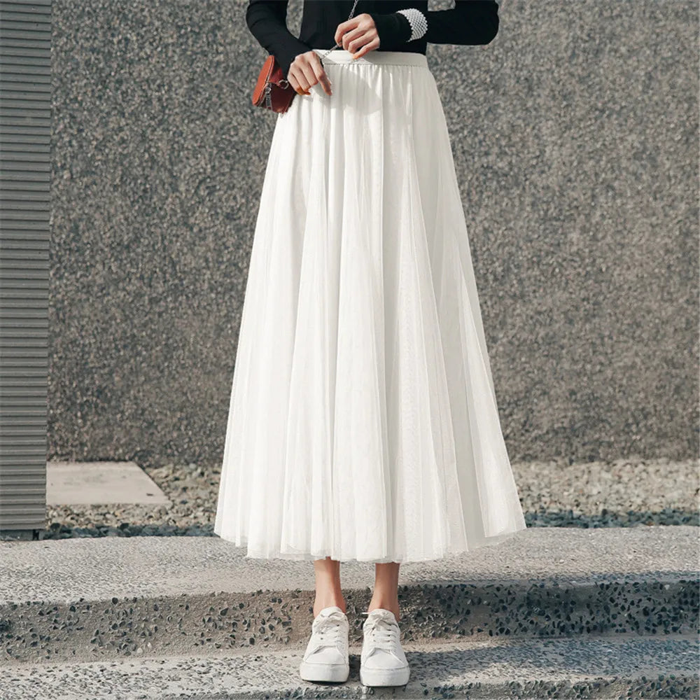 New Women Mesh Elastic Tutu Skirt Beach Spring Summer Korean High Waist Fashion Pleated Long Skirt Black White Tulle Skirts