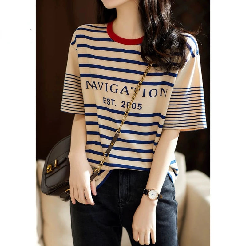 Spring Summer New O-Neck Letter Printing Short Sleeve Cotton Striped T-shirt Women's Clothing Loose Fashion Casual Tops