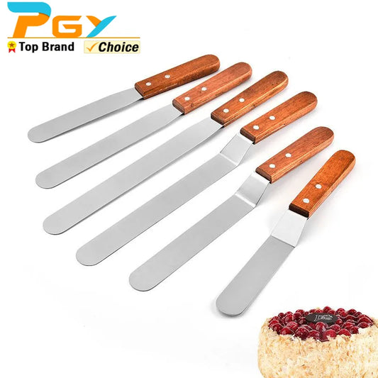 Professional Stainless Steel Cake Icing Spatula Straight Bent Frosting Spatula with Wooden Handle Butter Cake Spatula Knife Tool