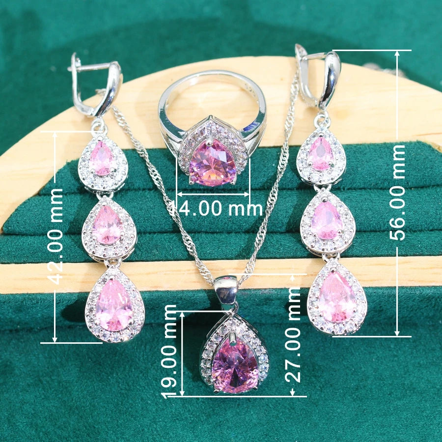 Sweet Pink Zircon Wedding Silver 925 Necklace Jewelry Sets Women Earrings Pendant Ring Bracelet New Year Gift