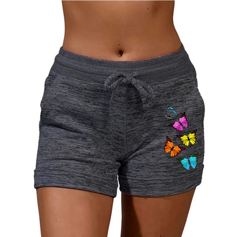 Plus Size Women Summer Outdoor Sports Pants Casual High Waisted  Drawstring Shorts Ladies Fashion Butterfly Printed Yoga Shorts