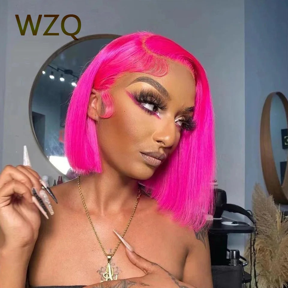 Hot Pink Colored Short Bob Wig 13x4 Lace Front Human Hair Wigs For Women 180% Density Virgin Straight Bob Wig Lace Frontal Wigs