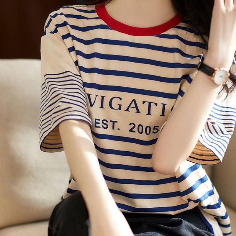 Spring Summer New O-Neck Letter Printing Short Sleeve Cotton Striped T-shirt Women's Clothing Loose Fashion Casual Tops