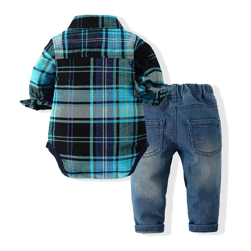 2Piece Spring Autumn Newborn Boy Clothes Korean Outfit Sets Fashion Plaid Long Sleeve Bodysuit+Jeans Baby Luxury Clothing BC1328