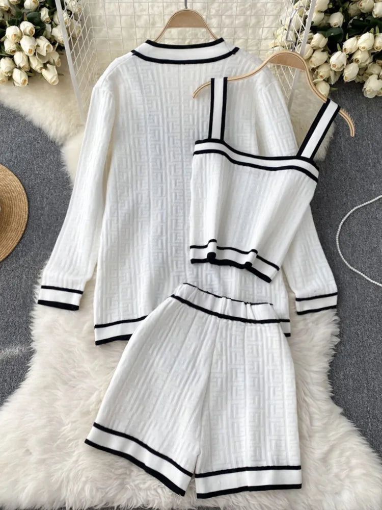 Casual Long Sleeve V Neck Cardigan Jacket + Sling Vest + High Waist Shorts High Quality Chic Button Knitted Vintage 3 Piece Sets