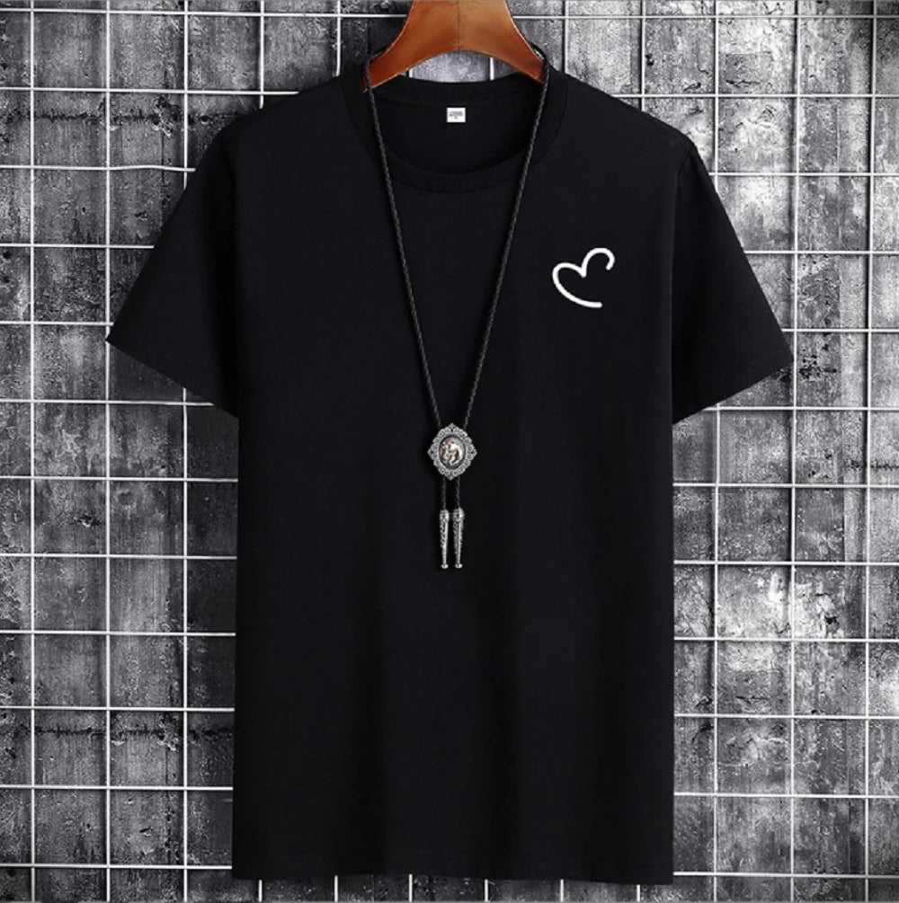 T Shirt For Men 2023 Overize Summer Men's Cotton Shirts Men Casual T-shirt Love Heart Print Tshirt O-Neck Short Sleeve Man Tops