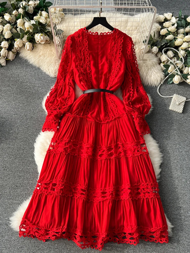 EWQ Hollow Out Lace Patchwork Puff Long Sleeve Solid Color Vestidos Sweet Style Women's Dress Winter Spring 2024 New 27SN5590