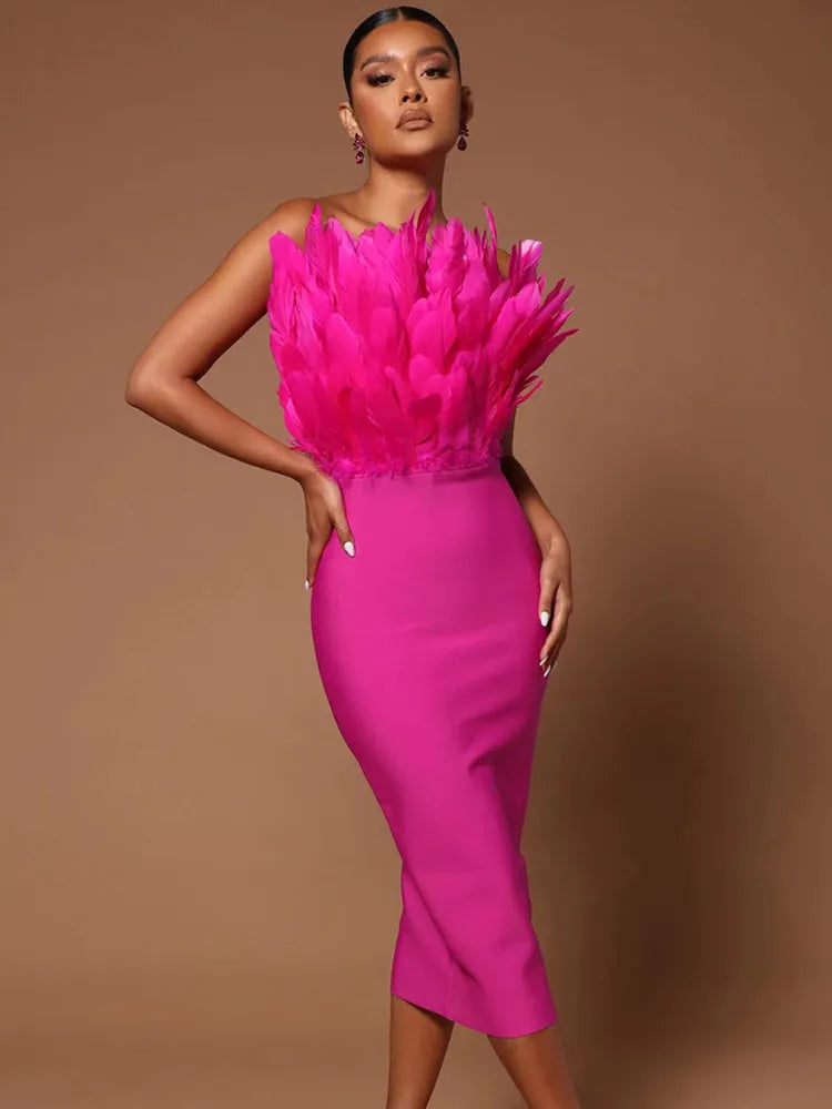 Summer Fashion Women Sexy Strapless Brown Hot Pink Feathers Bodycon Bandage Dress Elegant Midi Evening Club Party Dress