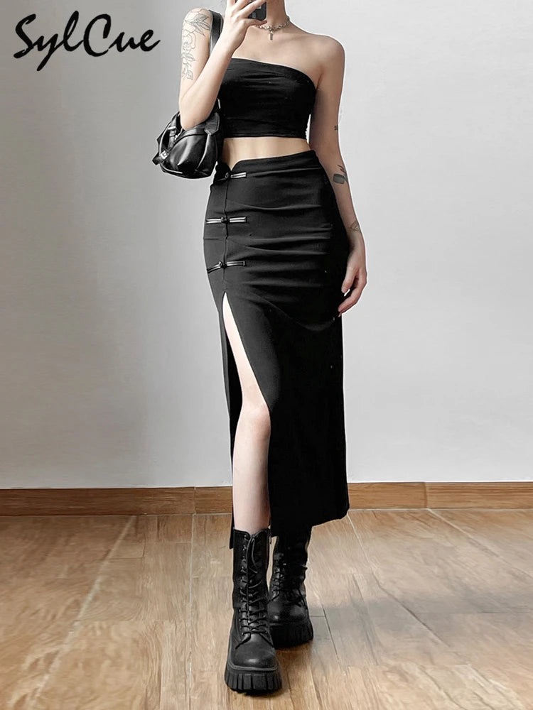 Sylcue Black Sexy Split Simple Casual All-Match Hot Street Outing Cool Mature Vitality Personality Trend Basic Women'S Skirt