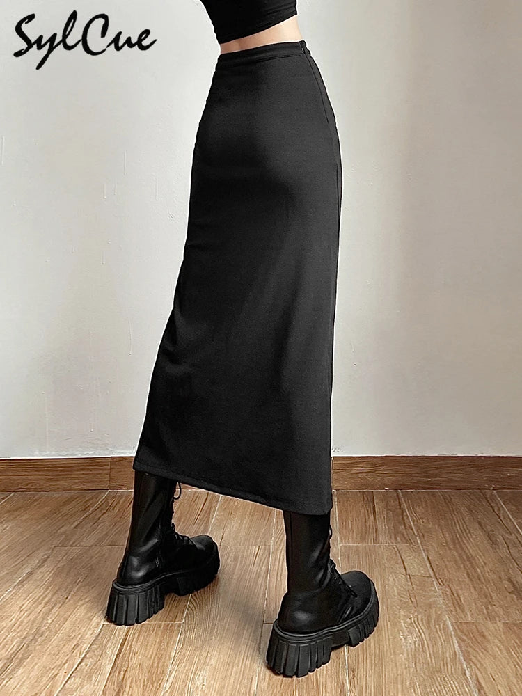 Sylcue Black Sexy Split Simple Casual All-Match Hot Street Outing Cool Mature Vitality Personality Trend Basic Women'S Skirt