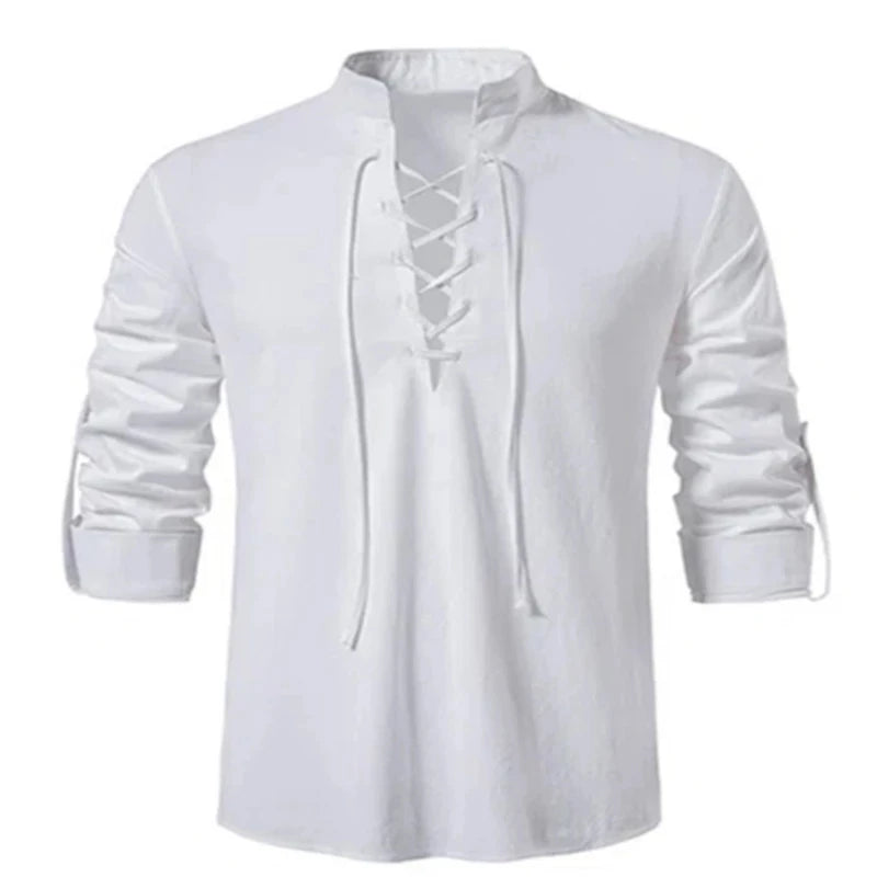 2022 New Men's V-neck shirt T-shirt Fashion  Long Sleeve Top men Casual Breathable  Front Lace Up man Shirts