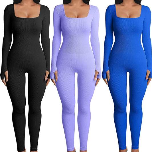 Women Skinny Jumpsuit Solid Color Ribbed Knit Long Sleeve Square Neck Bodycon Jumpsuit Romper Work Out Sport Yoga Playsuits