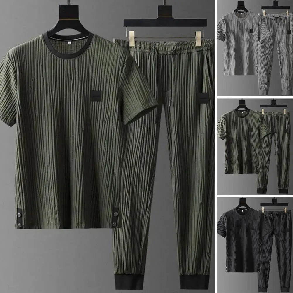 Men Outfit Men's Summer Pleated Tracksuit Set Soft Breathable Shirt Pants Two-piece Casual Sports Suit for Daily Wear High Ice