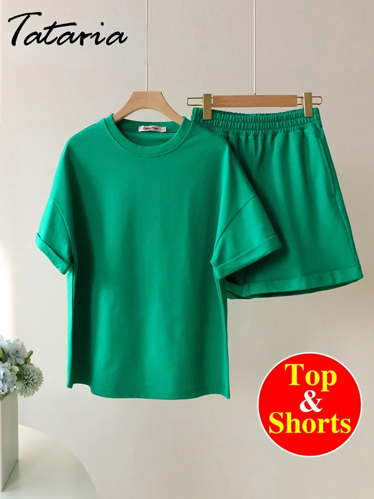 Women Classic Tracksuit Casual Green Suit Shorts with T-shirt for Women and Top Loose Oversize 100% Cotton Summer Two Piece Sets