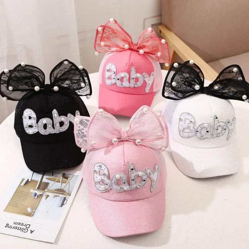 2-8Yrs Old Children Big Bow Cartoon Baseball Cap Girls Pearl Snapback Sun Protection Caps Mesh Rabbit Ear KidsTrucker Sun Hat