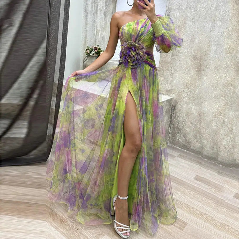 Formal Evening Dress Flower Embellished Evening Dress Elegant One Shoulder Tie-dye Ball Gown with Mesh Bubble Sleeves Split Hem