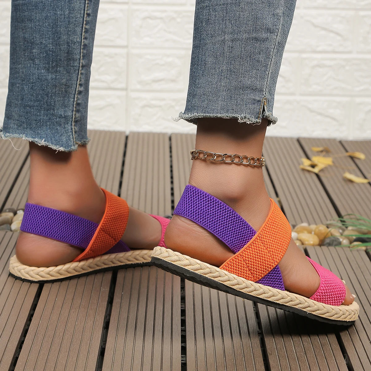 Women's fashion trend anti-slip wear-resistant multi-color matching elastic flat sandals