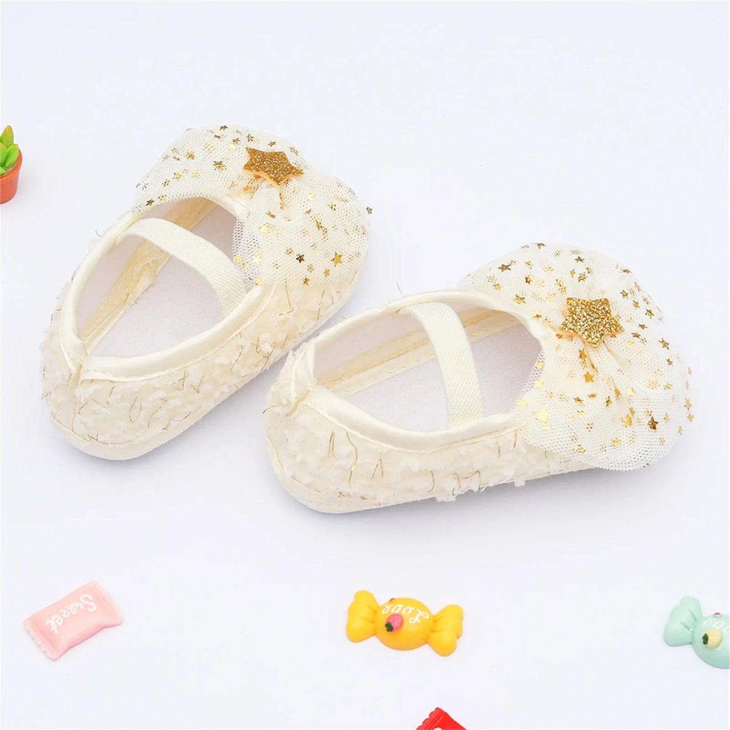 Toddler Newborn Baby Girls First Walkers Cotton Cloth Shoes with Pentagram Sequins, Bow Mesh Sweet Decoration Accessory Princess