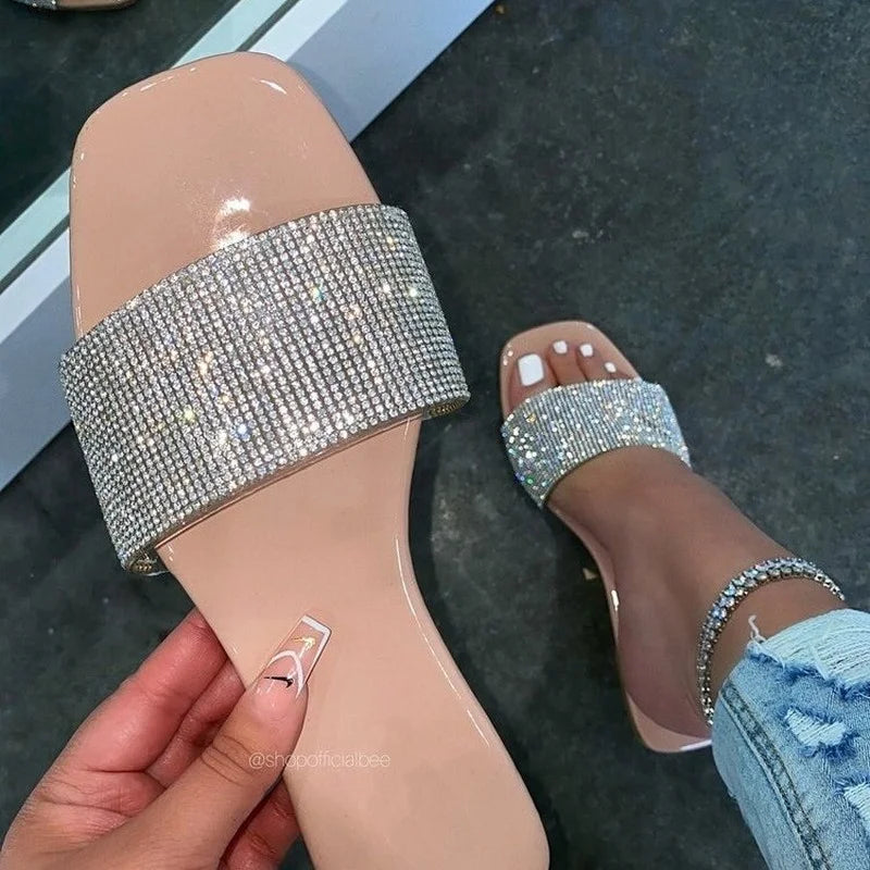 Summer Sandals Women Flip Flops Rhinestone Flat Sandals Ladies Slippers Shoes Female Round Toe Bling Luxury Sandalias Mujer 43