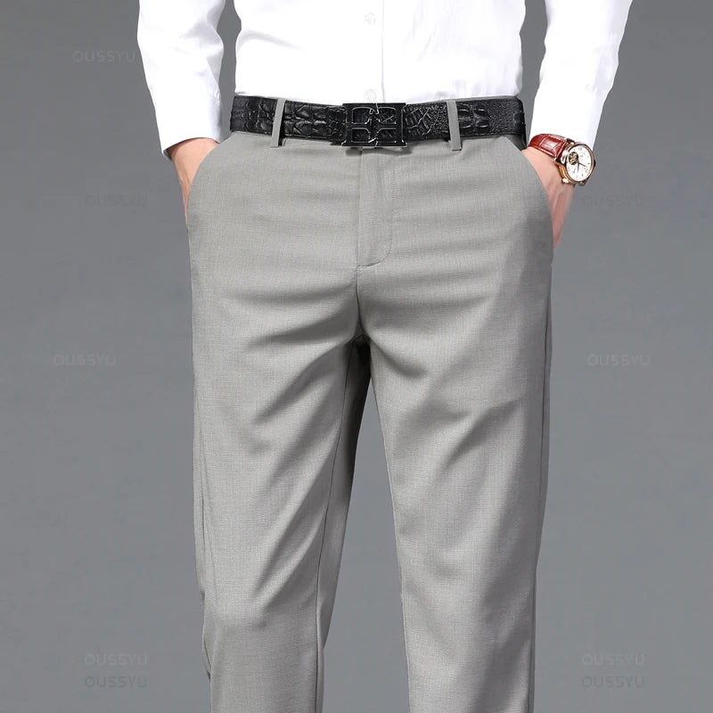 Brand Clothing Summer High Quality Soft Formal Suit Pants Men Business Thin Straight Party Wedding Office Grey Trousers Male