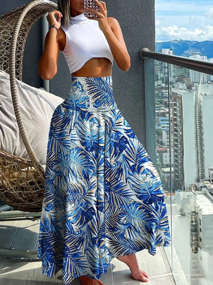 Boho Print Skirts For Women 2024 Summer Casual Elastic High Waist A-line Big Swing Long Dress Vacation Beach Party Skirt Robe