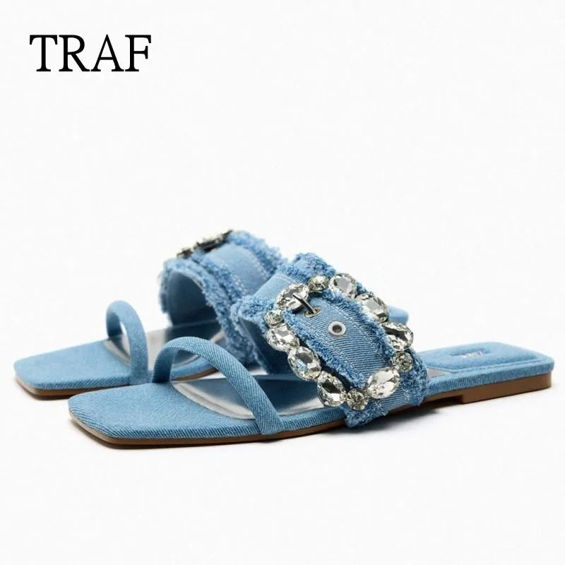 TRAF Denim Slippers Shoes For Women 2023 Summer Flat Sandals Fashion Rhinestone With Buckle Casual Ladies Slippers And Sandals