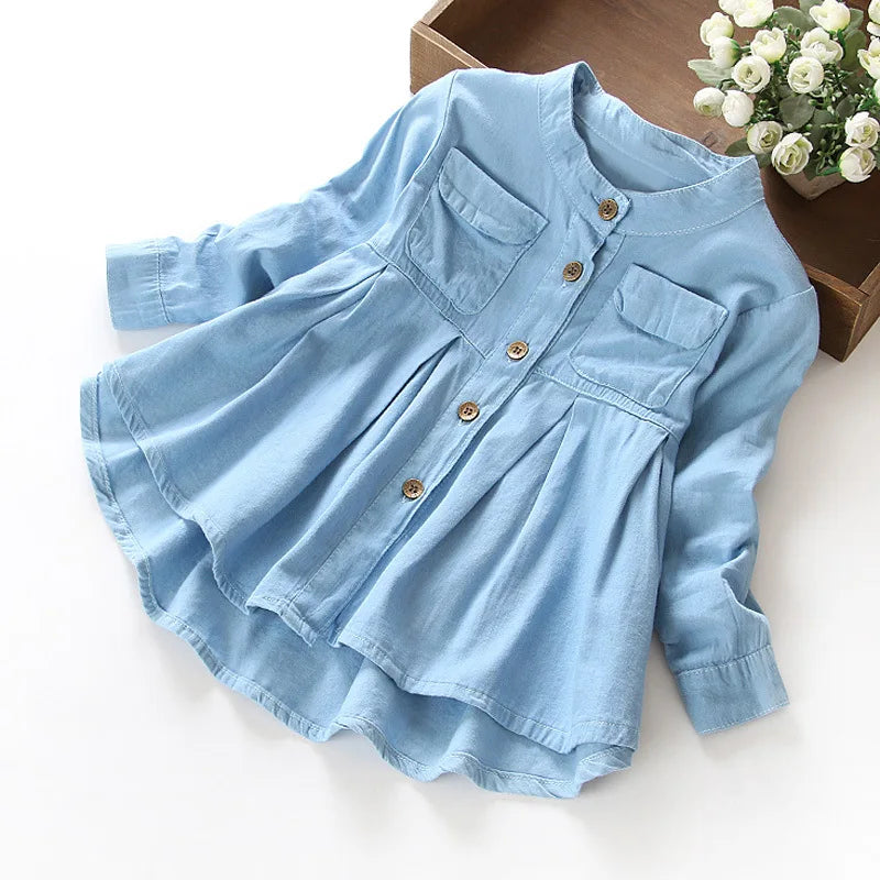 V-TREE girls dress 2-10 years teenage girls denim dress kids spring long sleeve A-line dress children baby clothes