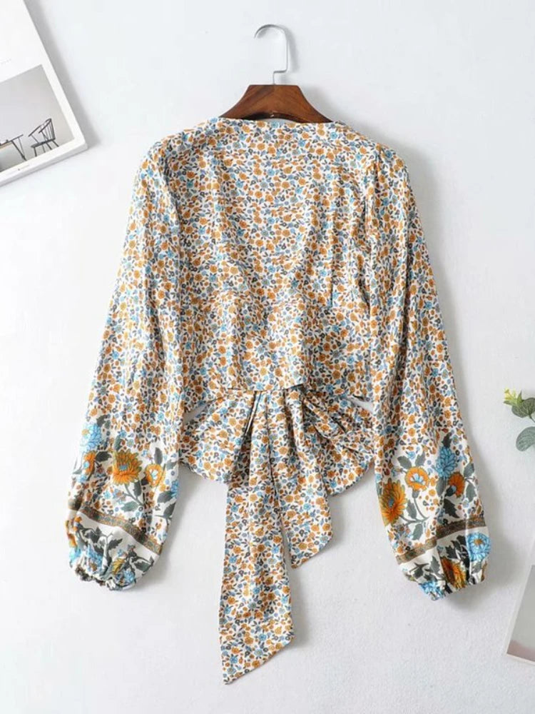 Vintage Chic Fashion Women Floral Print Rayon Bohemian Blouse Ladies Loose Crop Top Long Sleeve Boho Shirts Kimono Cover-ups