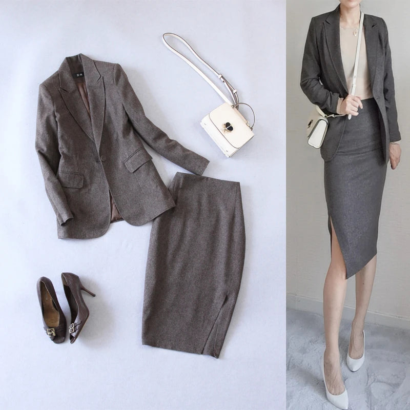 Blazer Skirt Suit 2 Piece Set Women Korean Style Chic Office Lady Jacket Business Work Formal Elegant Stylish Uniform Female