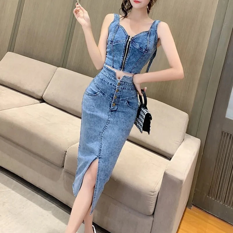 2024 Summer Women Skirt Two Piece Set Sexy V-Neck Ctopped Denim Vest High Waist Denim Skirts Korean Ladies Sleeveless Suits