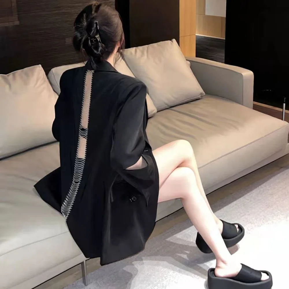 Autumn 2023 Fashion Women's Blazer New Back Hollow out Chain One Button Black Long Sleeve Suit Jackets Female Casual Blazers