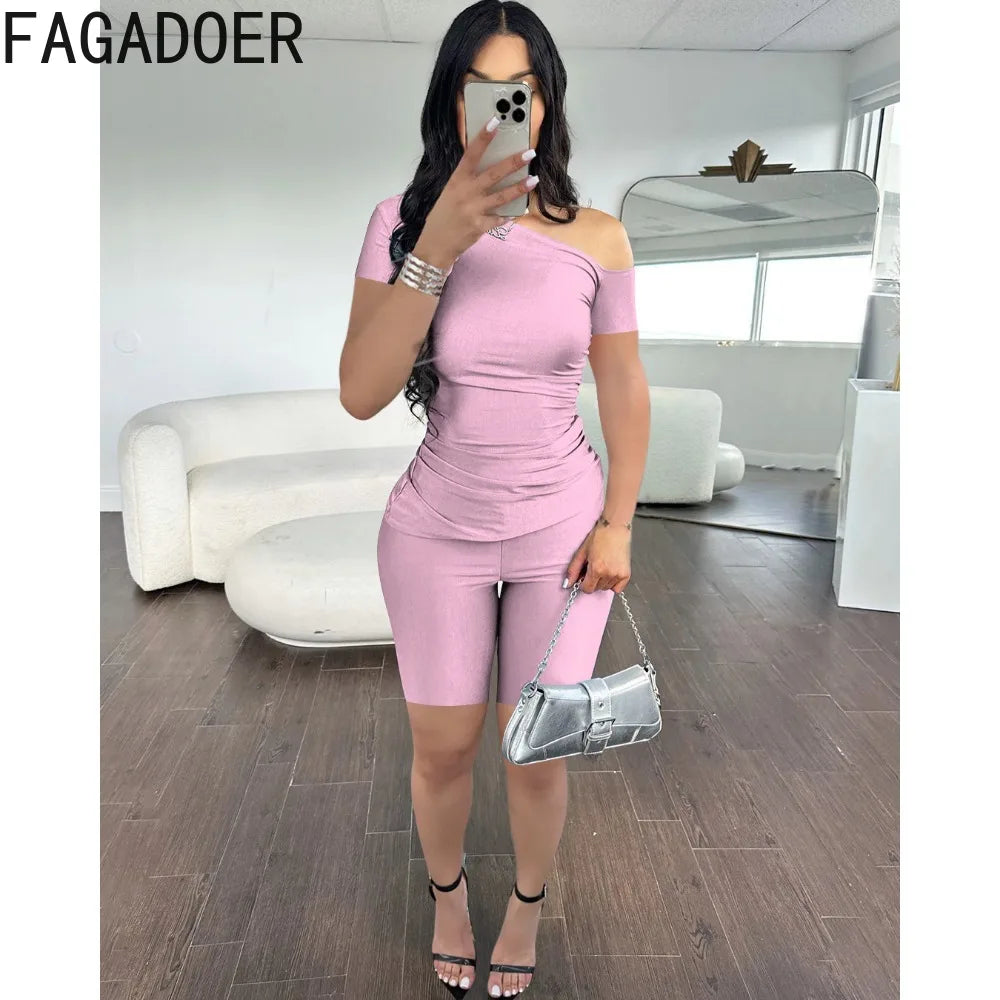 FAGADOER Fashion Solid One Shoulder Two Piece Sets Women Short Sleeve Slim Top And Biker Shorts Tracksuits Summer 2pcs Outfits