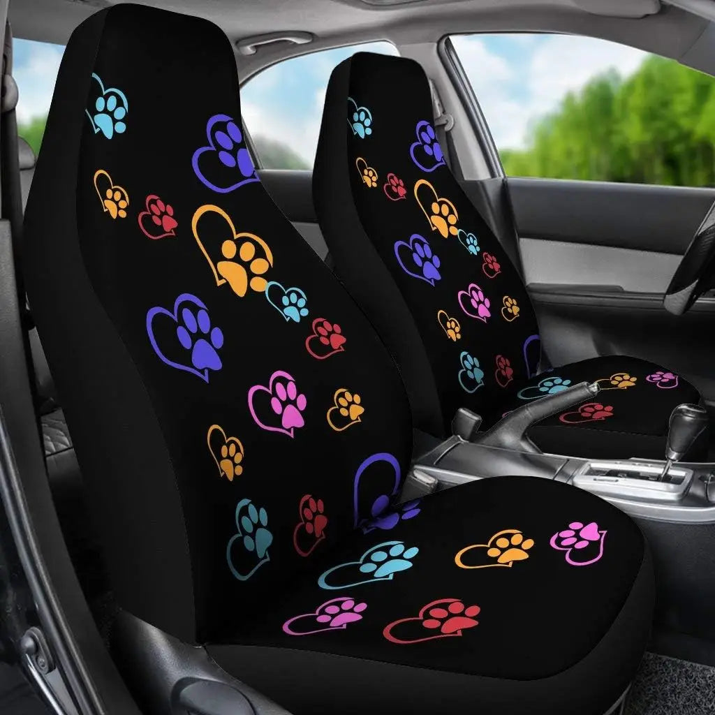 Colorful Puppies Dog Kitten Paw Print Love Heart Front Car Seat Covers Car Seat Protector for Women Girls Seat Covers Set of 2