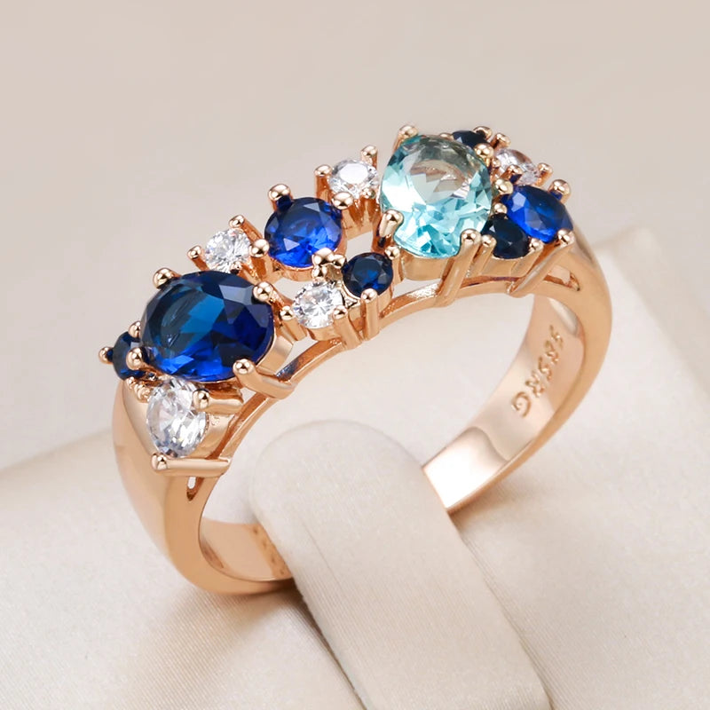 Kinel Luxury Blue Natural Zircon Ring for Women Trendy 585 Rose Gold Color Bride Wedding Party Daily Fine Vintage Jewelry Gift