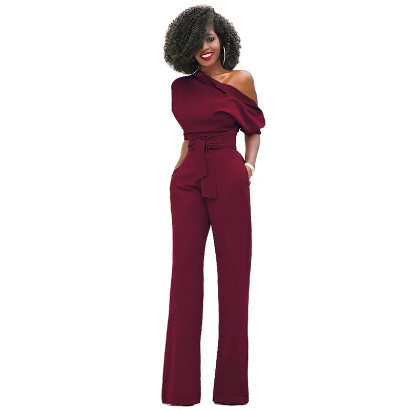 Customized High Quality Autumn Casual Jumpsuit One Shoulder Slash Neck Button Romper Full Length Jumpsuit Wide Legs Jumpsuit